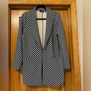 Nina Leonard Navy White Geometric Print Shawl Collar Blazer Cardigan Jacket